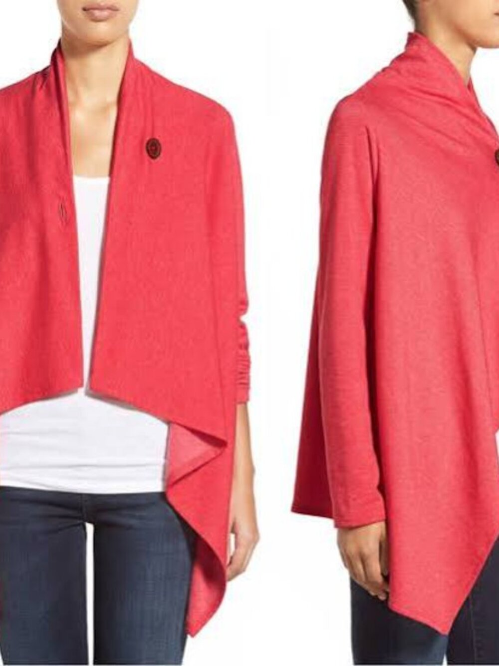Bobeau Nordstrom Red One-Button Asymmetrical Fleece Wrap Cardigan L